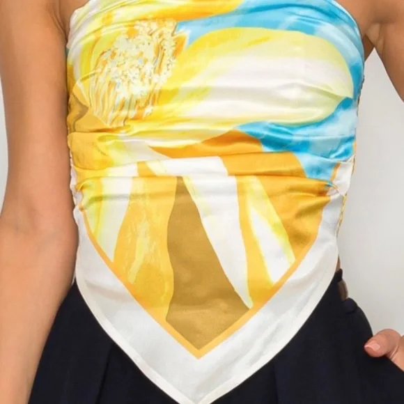 STRAPLESS ABSTRACT SATIN EFFECT SCARF TOP - Picture 6 of 13